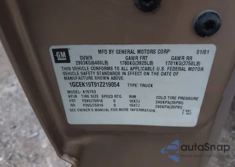 2001 Chevrolet Silverado 1500 Ls from USA, damaged, VIN 1GCEK19T91Z219054